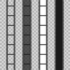 Set of different filmstrip roll on transparent background. 35mm film slide frame. Cinema frames.