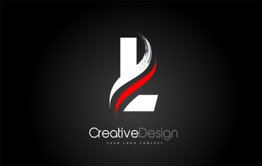 White and Red L Letter Design Brush Paint Stroke. Letter Logo on Black Background