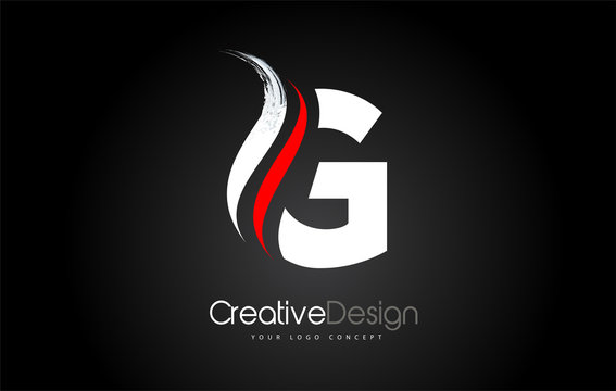 White and Red G Letter Design Brush Paint Stroke. Letter Logo on Black Background
