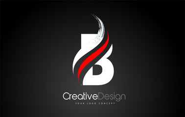 White and Red B Letter Design Brush Paint Stroke on Black Background