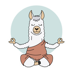 Cute llama doing yoga. Vector isolated