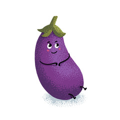 Eggplant character. Cute ripe violet eggplant character with grain texture isolated on white background. Vector illustration.