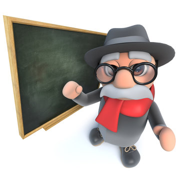 Funny cartoon 3d old man character teaching at the blackboard