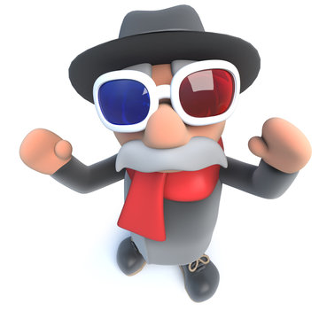 Funny cartoon 3d old man character wearing 3d glasses
