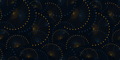 floating seeds wings seamless pattern in gold blue on black