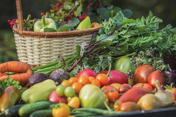 Still life with a basket, vegetables and fruits fnd greens