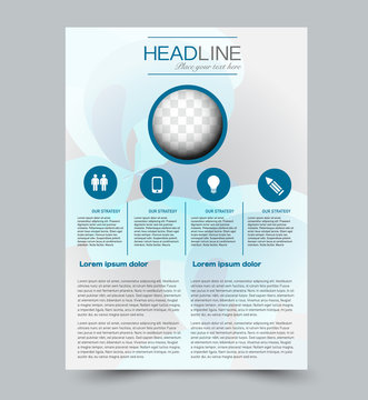 Blue flyer template. Abstract brochure design. Annual report cover background. For business, education, advertisement. Editable vector illustration.