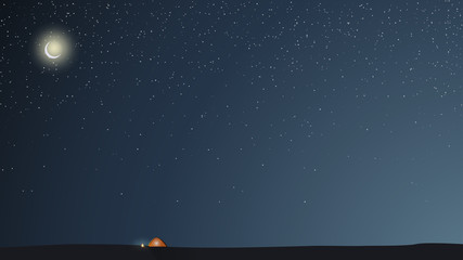 Starry sky, field, fire, tent. Night landscape.