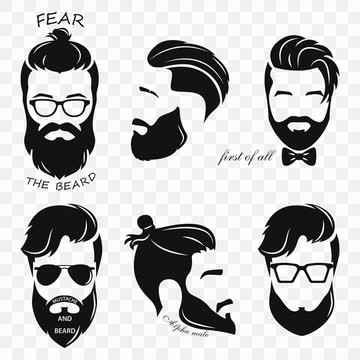 Set of different silhouettes of bearded hipsters. Bearded men, avatar, hipster with different haircut. Male face with a mustache and beard. Vector illustration with a transparent background for a prin