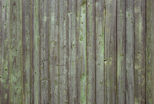 Old grey plank fence with remnants of green paint. Horizontal grunge vintage texture