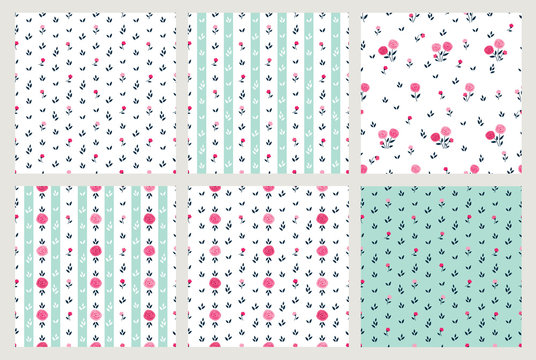 Set of simple floral seamless patterns with hand drawn spring flowers and stripes for textile, wallpapers, gift wrap, scrapbook. Vector.