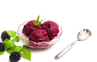 Blackberry fruit ice cream in a cup isolated