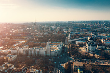 Fototapeta na wymiar Aerial Voronezh panorama of city midtown in spring evening, roads with traffic cars, famous Orthodox cathedral church and South-Eastern Railway Building