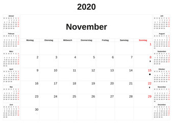 2020 a monthly calendar  with white background in German.