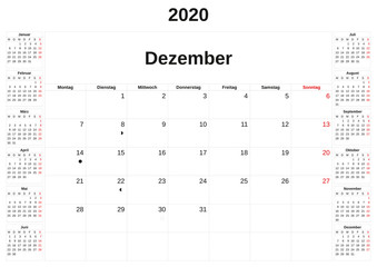 2020 a monthly calendar  with white background in German.