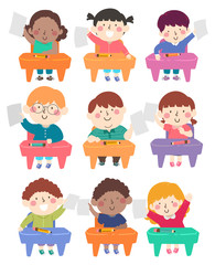 Kids Class Seats Hold Papers Illustration