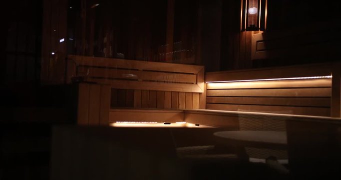 Expensive Wooden Sauna With Beautiful Illumination Of The Five Star Hotel. Prores, Slow Motion
