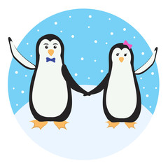 Two cute penguins together on a blue background. Vector illustration. 