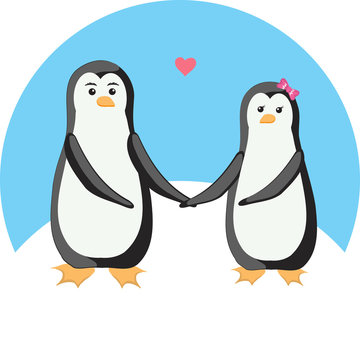 Two cute penguins together on a blue background. Vector illustration.