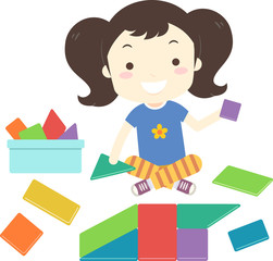 Kid Girl Build Toy Shape Blocks Illustration