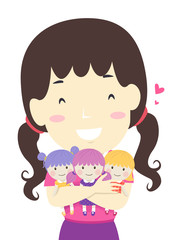 Kid Girl Hug Three Dolls Illustration