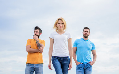 Influential women leader. Leadership concept. Woman in front of men feel confident. Moving forward support male team. What makes successful female leader. Girl leader qualities possess naturally