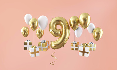 Number 9 birthday celebration gold balloon with presents. 3D Render