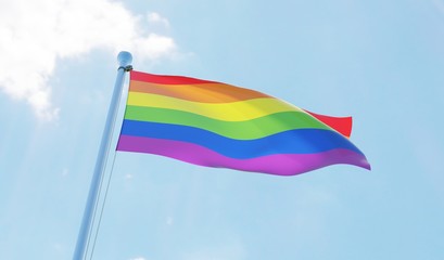 LGBT flag waving against blue sky. 3d image
