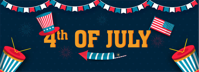 4th Of July header or banner design with uncle sam hat, America Flag and drum illustration on blue background.