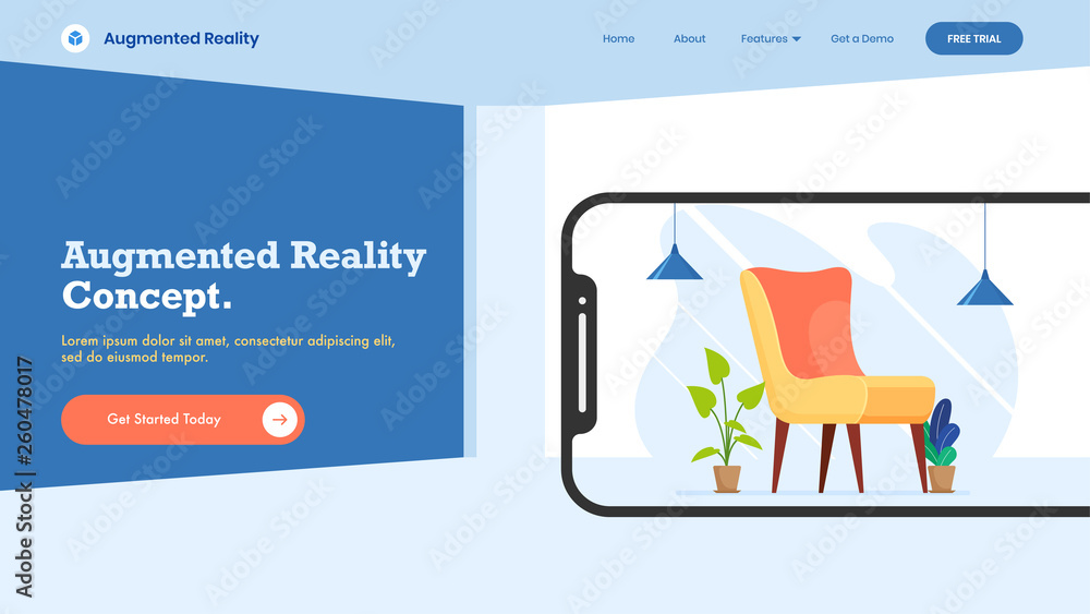 Poster isometric interior design connected with smartphone device, augmented reality concept website templa