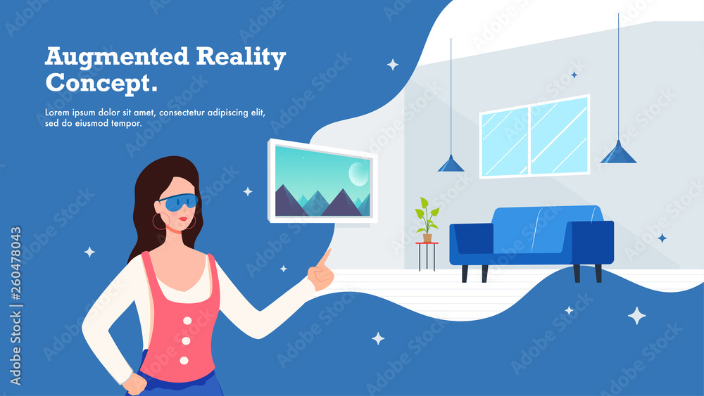 Poster a girl using isometric interior design app connected with smartphone device, augmented reality conce