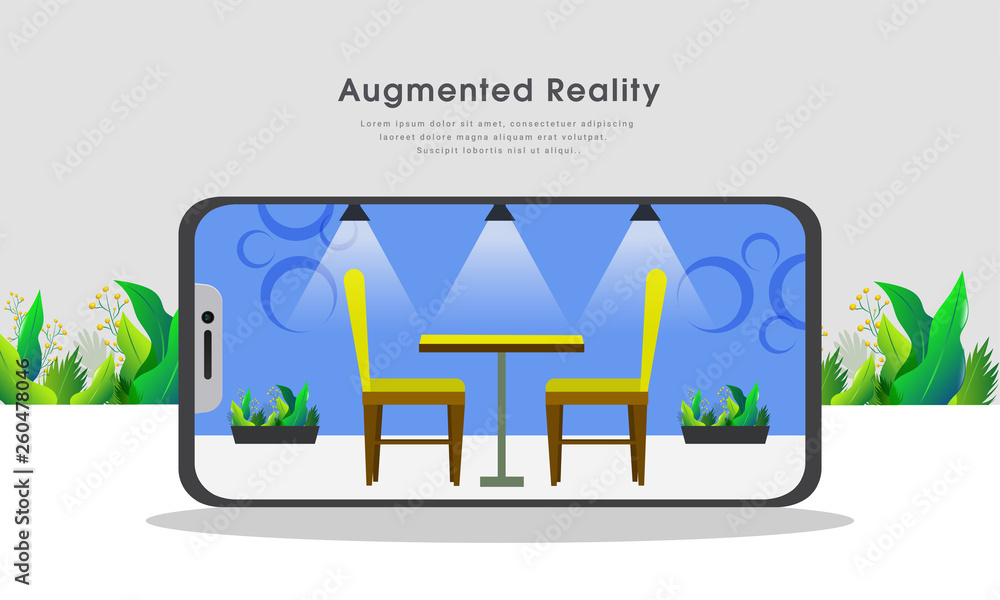 Poster isometric interior design connected with smartphone device, augmented reality concept website templa