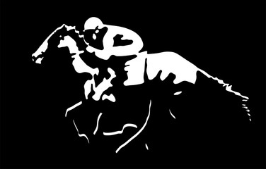 Vector silhouette of a jockey racing on a horse in backlight