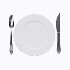 White plate with fork and knife, isolated on white background. Top view. 3d image