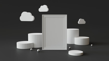 Blank picture frame with cylinder podium. Abstract geometric background for display or mockup. 3D rendering.