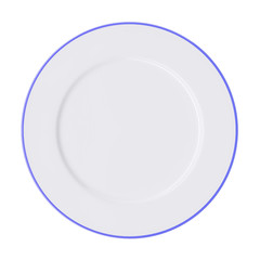 White plate with a blue border isolated on white background. Top view. 3d image