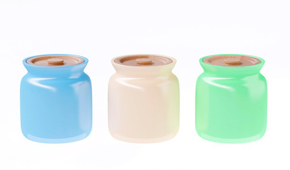 Blue, beige and green ceramic jars with wooden covers, isolated on white background. 3d image