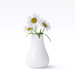 White vase with daisies isolated on white background. 3d image