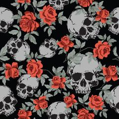 Seamless Vector Patterns With Grunge  Human Skulls and Vintage Roses