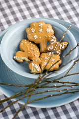 Fresh baked and painted Easter gingerbreads in blue bowl and fresh tree branches, checkered tablecloth, animals and tree shapes