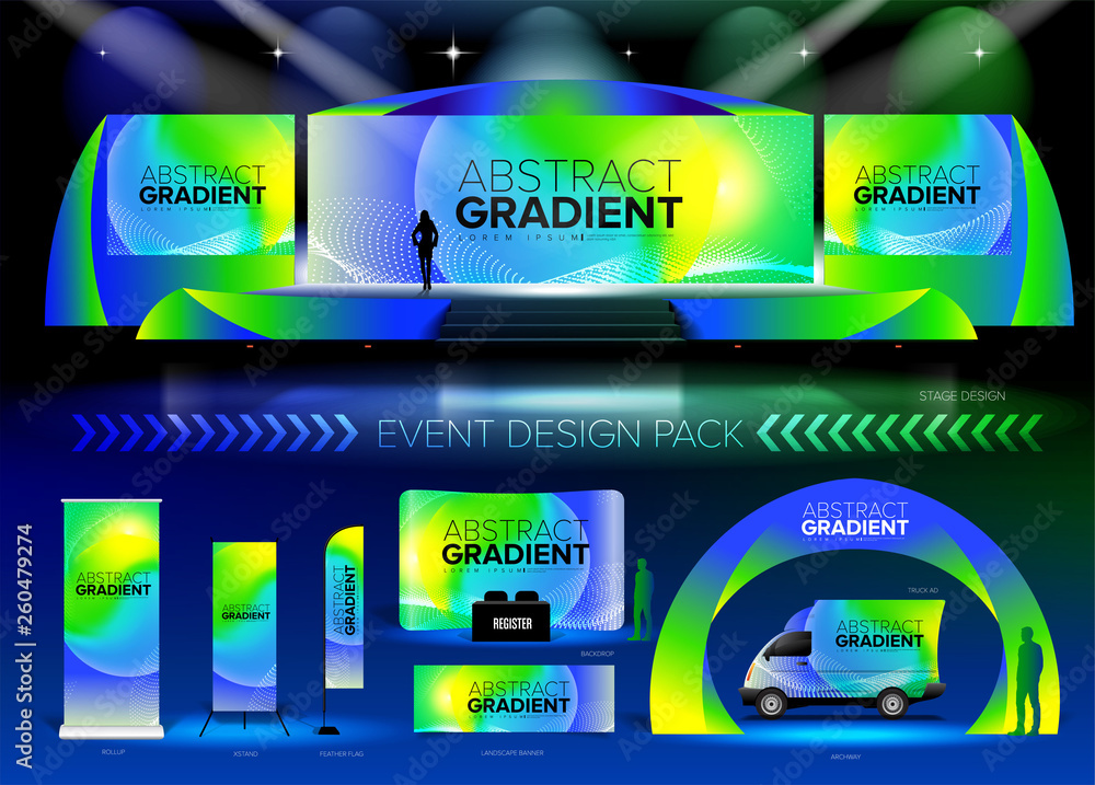 Poster a pack of 3d event design medias in vector format, with a sample of graphic template in rgb color. i
