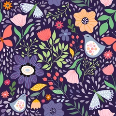 Fotobehang seamless floral pattern with flowers and birds © lilett