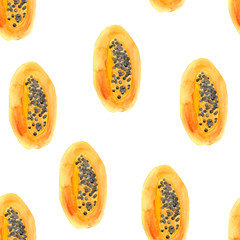  watercolor pattern with papaya, papaya piece, papaya leaves