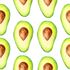  watercolor pattern with avocado, a slice of avocado, avocado leaves on a white background