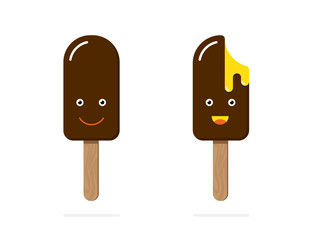 Ice cream on wooden stick chocolate glaze orange yellow filling different emotion face emoji set smile funny laugh licking lips melting. Vector illustration cartoon style