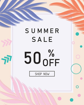 Summer sale banner, poster with palm leaves vector.