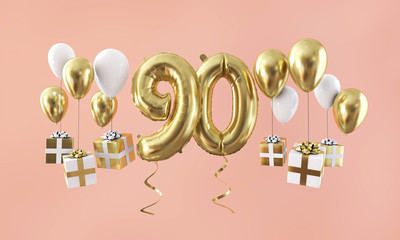 Fototapeta na wymiar Number 90 birthday celebration gold balloon with presents. 3D Render