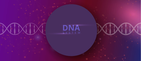 Abstract banner with DNA molecule, helix pattern on pink background.