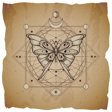 Vector illustration with hand drawn butterfly and Sacred geometric symbol on vintage paper background with torn edges. Abstract mystic sign.