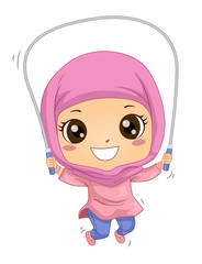 Kid Girl Muslim Jumping Rope Illustration